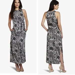 Anne Klein Lion Logo Dress 10 Black Print Shift Slip Maxi Sleeveless Pockets
